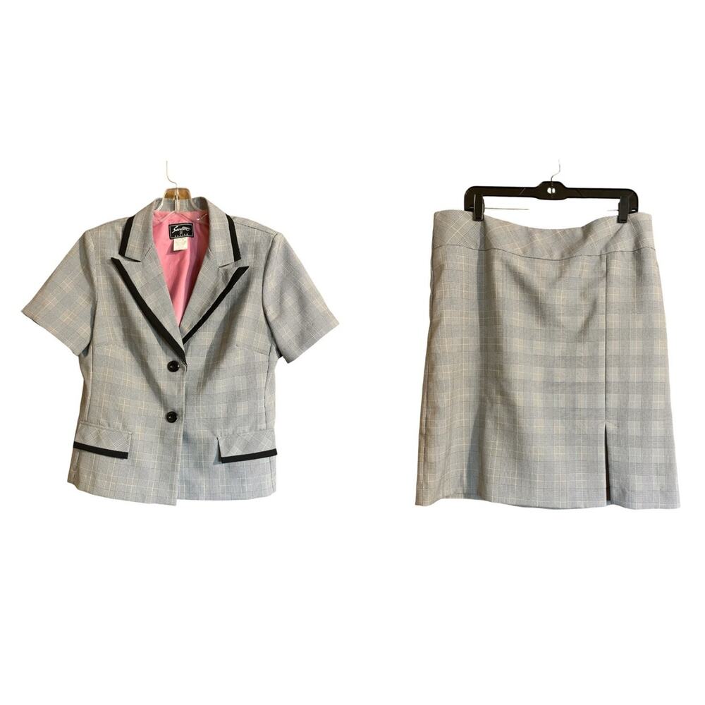 Vintage Sweet Petite Suit 2 Piece Skirt Gray Plaid Jacket Blazer Women’s 14P